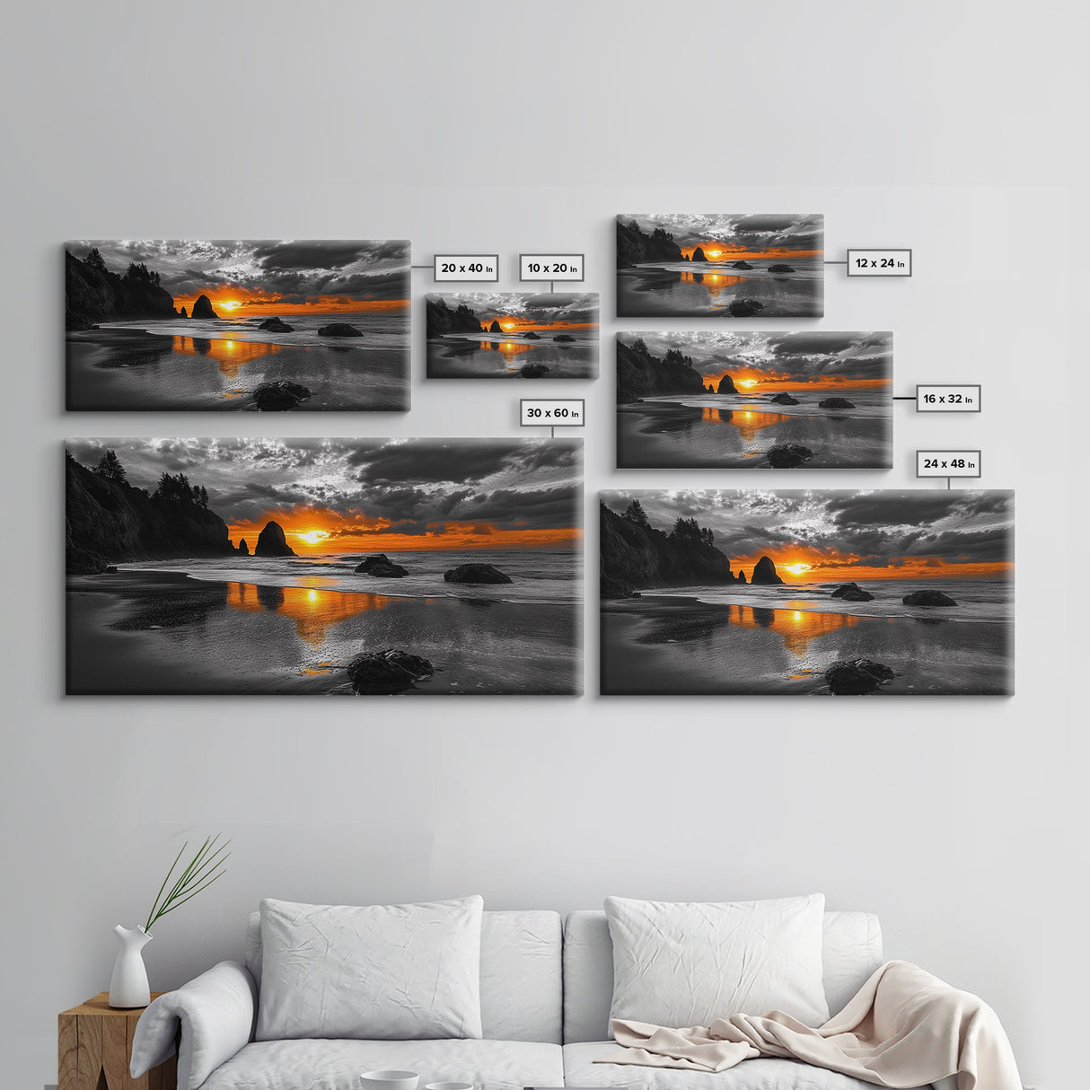 Sunset Beach, Fiery Sky, Ocean Glow, Moody Seascape, Framed Canvas Print coastal living room wall art, dramatic sunset photography
