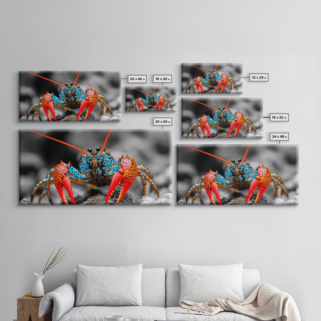 Vibrant Lobster, Red Blue, Sea Creature, Framed Canvas Print, Coastal Kitchen Wall Art, Ocean Wildlife, Nautical Bathroom Decor, Pop Art