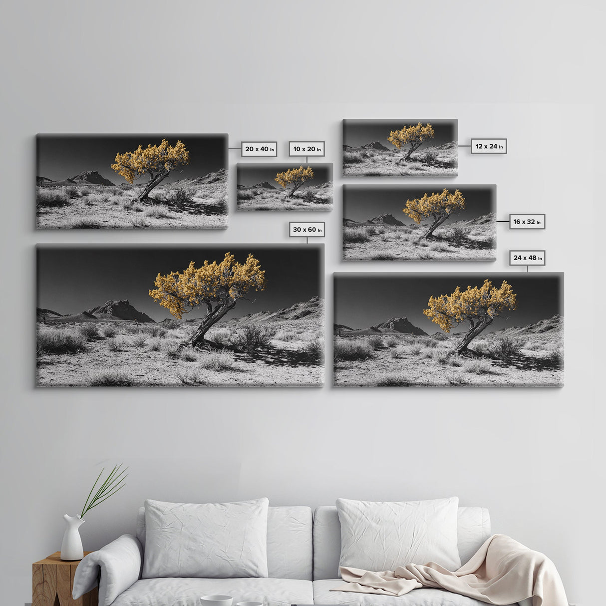 Golden Tree, Desert Landscape, Monochrome Background, Framed Canvas Print, Autumn Wall Art, Southwest Decor, Modern Boho Art Vibe