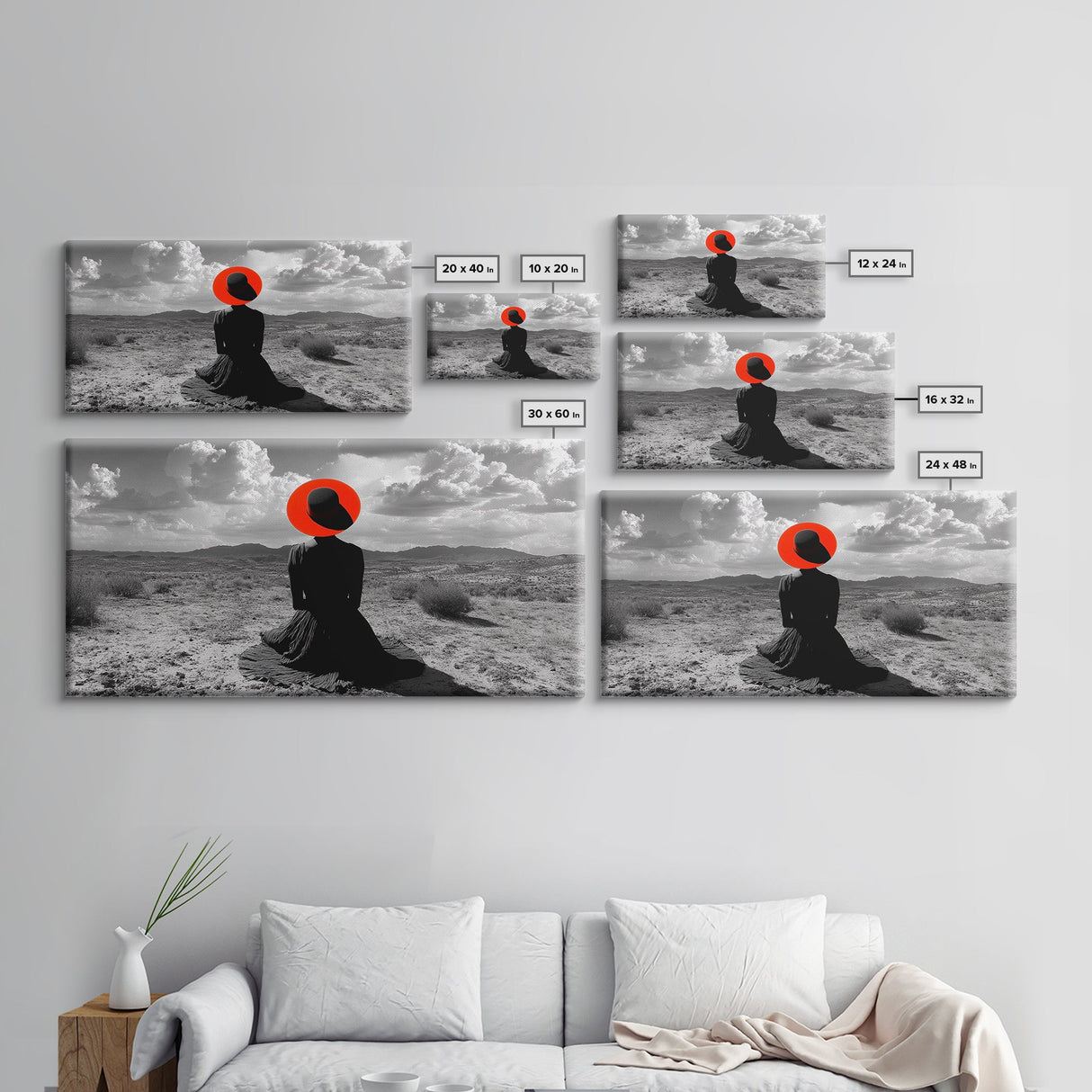 Red Hat Woman, Surreal Desert, Fashion Silhouette, Framed Canvas Print, Minimalist Wall Art, Bold Modern Decor, Bedroom Gallery Style