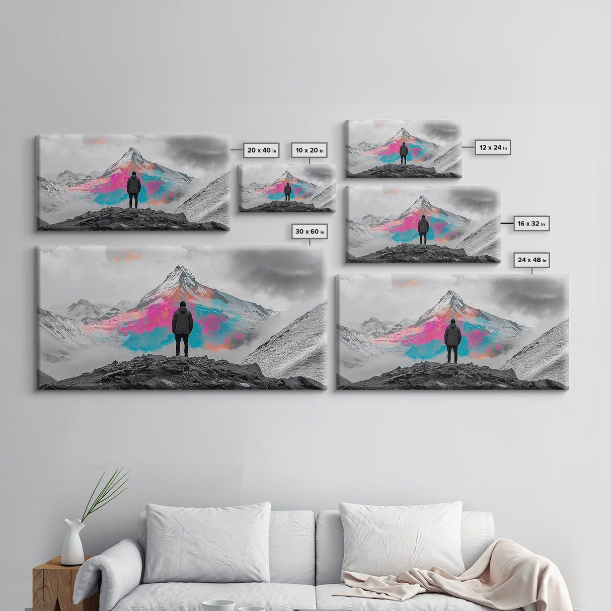 Rainbow Mountain, Vibrant Summit, Hiker Adventure, Canvas Print, Surreal Landscape Art, Wanderlust Wall Decor, Modern Office Artwork