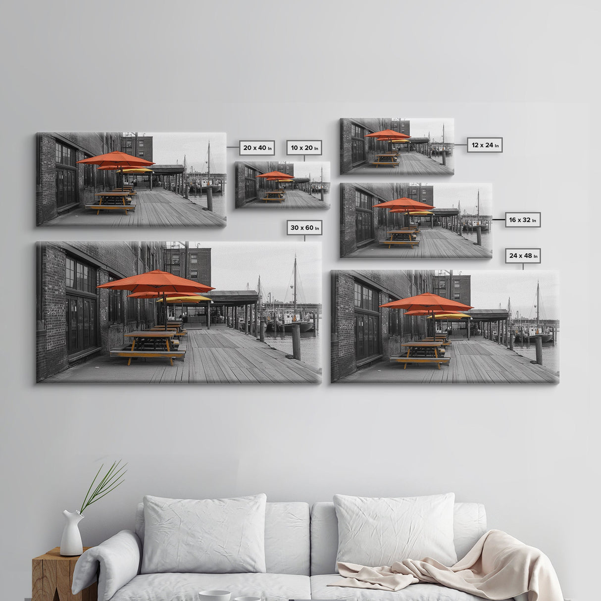 Urban Pier, Red Yellow Umbrellas, Waterfront Dining, Framed Canvas Print, Industrial Decor, Cafe Kitchen Wall Art, Cityscape Photography