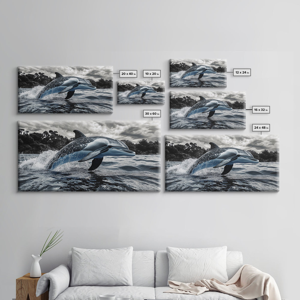 Jumping Dolphin, Ocean Splash, Monochrome Water, Framed Canvas Print, Coastal Wall Art, Bathroom Nautical Decor, Marine Life Photography