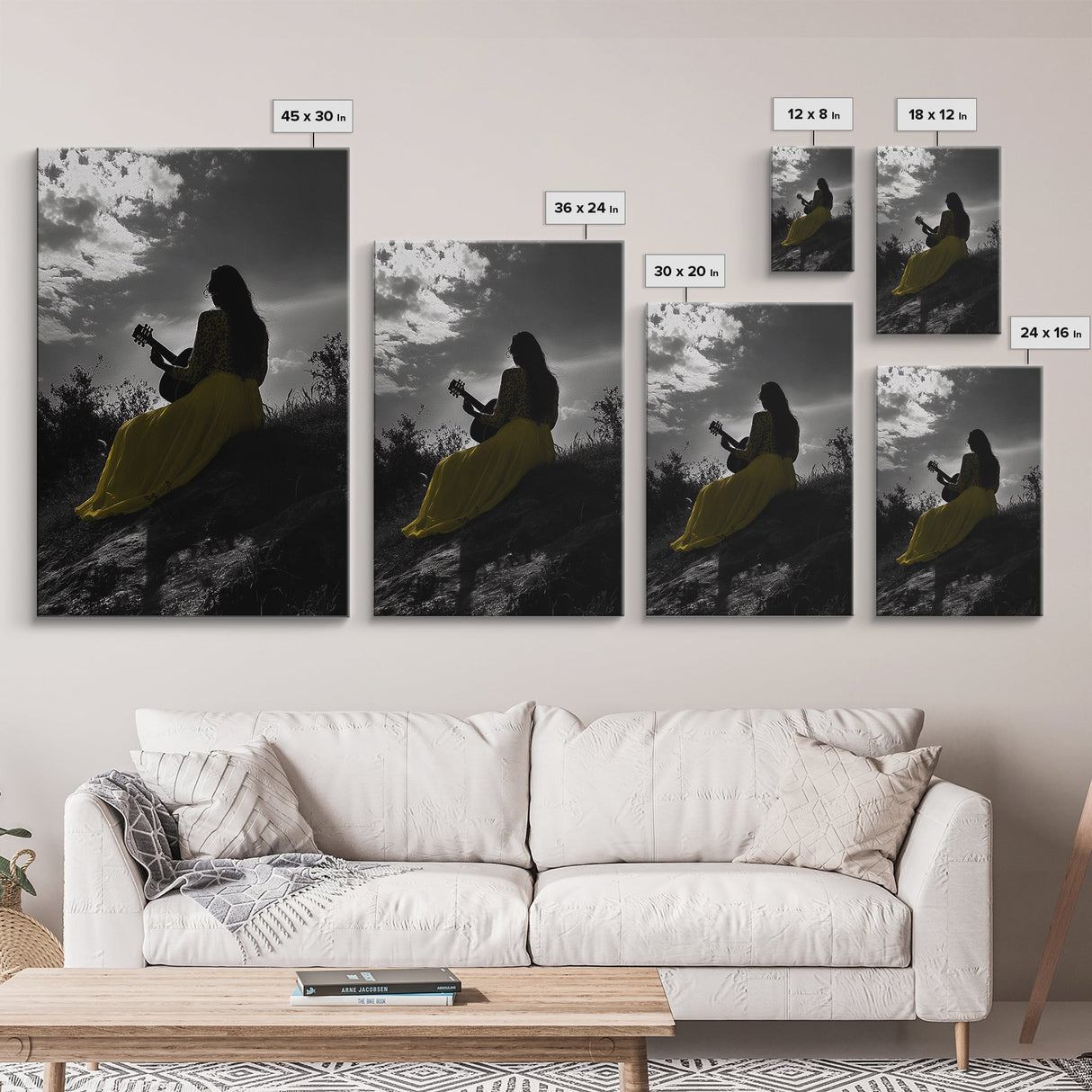 Yellow Dress, Guitar Girl, Sunset Silhouette Scene, Framed Canvas Print, Boho Music Lover Wall Art, Bedroom Fall Vibes Decor