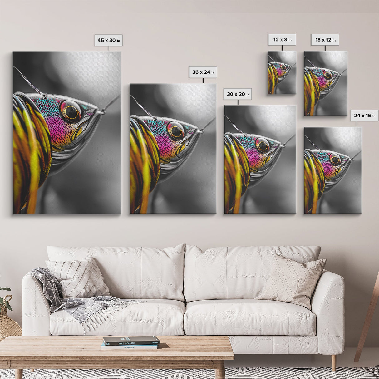 Colorful Lure, Fishing Hook, Bold Scales, Rainbow Detail, Framed Canvas Print, Man Cave Art, Fishing Decor, Vibrant Realism Wall Art