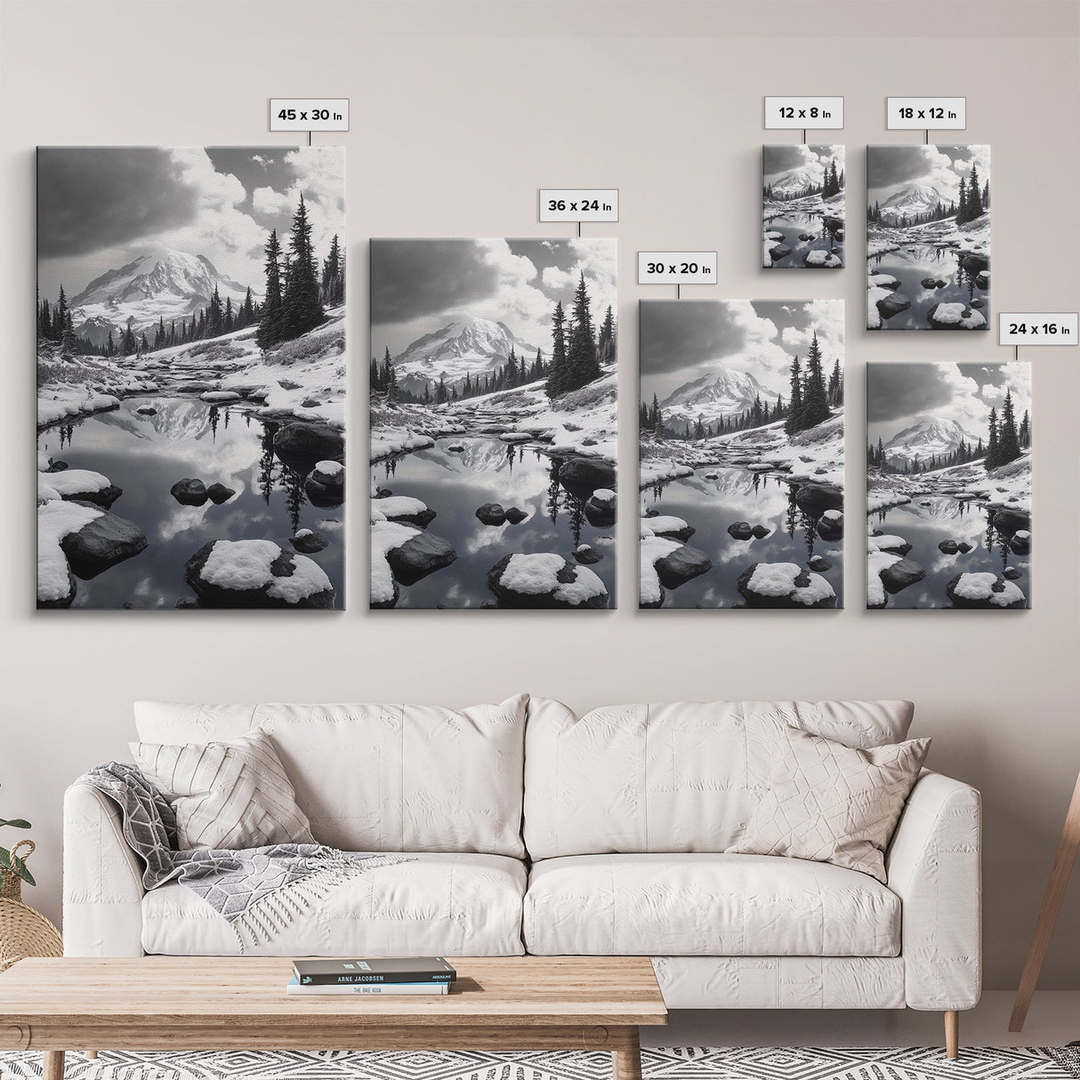 Snowy Mountain, Winter Landscape, Reflection Lake, Canvas Print, Black and White Nature Art, Cabin Wall Art, Adventure Photography