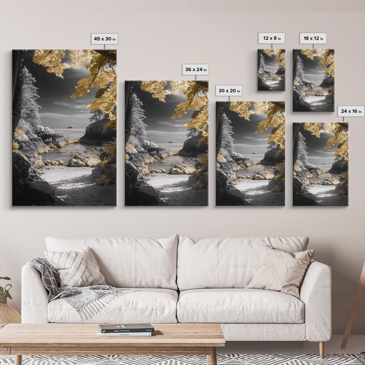 Yellow Trees, Autumn Beach, Ocean View, Framed Canvas Print, Nature Photography, Fall Landscape Wall Art, Coastal Living Room Decor