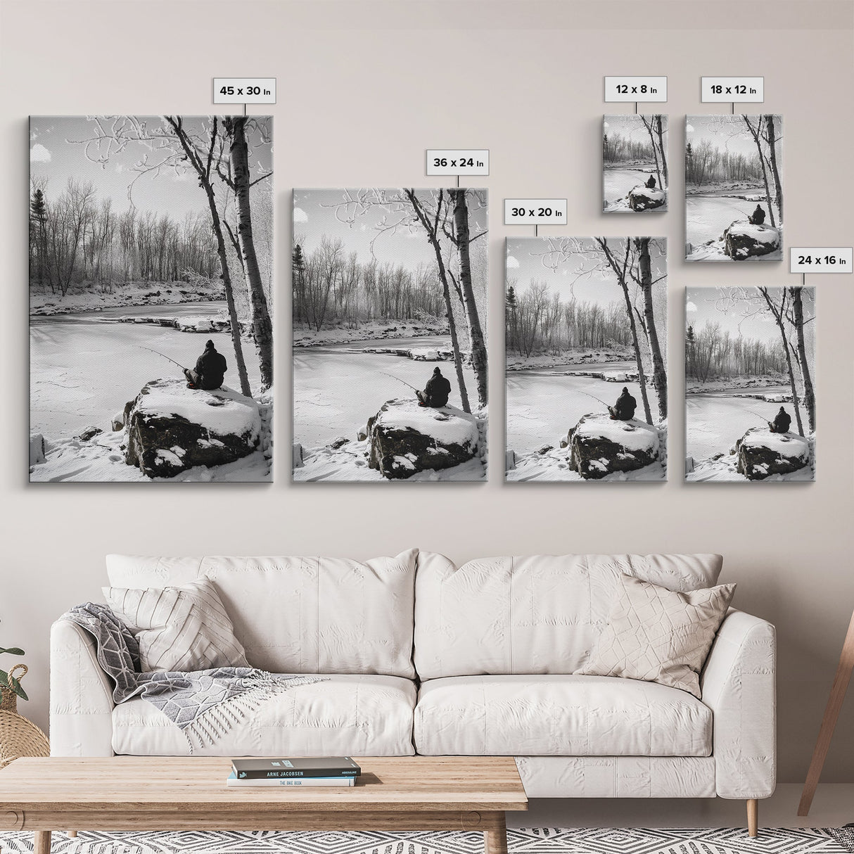 Winter Fishing, Snowy River, Peaceful Solitude, Canvas Print, Cabin Wall Art, Rustic Outdoor Decor, Black White Nature Photography