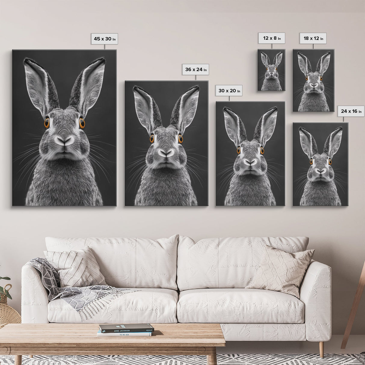 Wide Eyed Rabbit, Animal Portrait, Monochrome Humor, Framed Canvas Print, Nursery Wall Art, Whimsical Minimalist Decor, Funny Gift