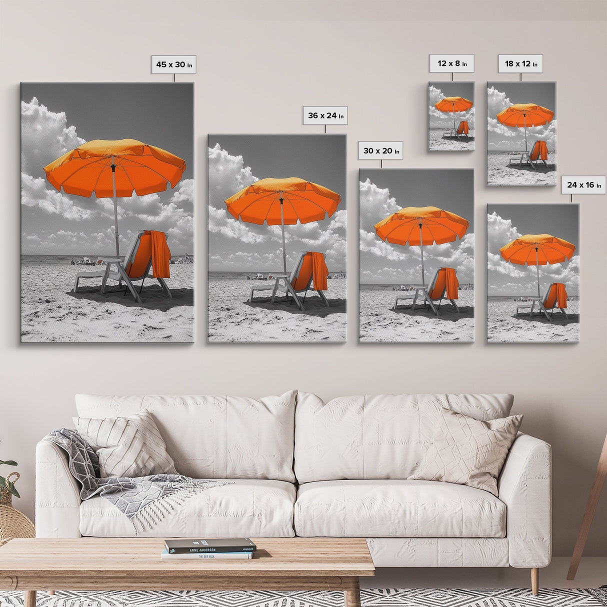 Orange Umbrella Shade, Beach Chill Scene, Relax Spot, Framed Canvas Print, Summer Wall Art, Vacation Vibe Decor, Minimalist Beach Art