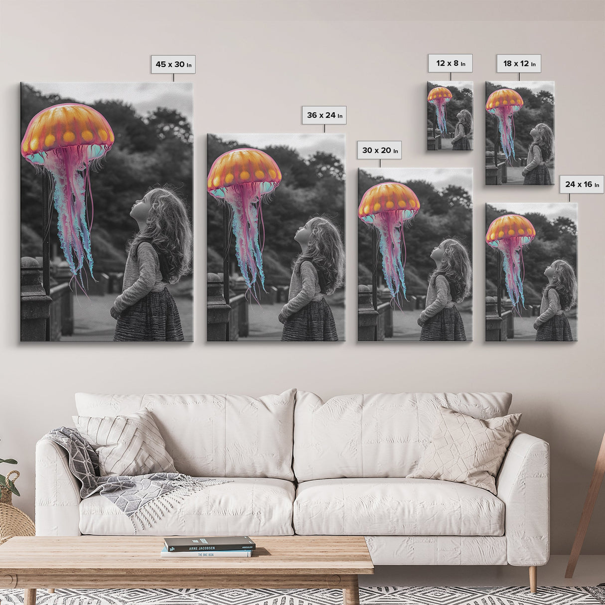 Surreal Jellyfish, Child Wonder, Fantasy Ocean Scene, Framed Canvas Print, Kids Room Wall Art, Vibrant Color Pop Art, Dreamy Decor