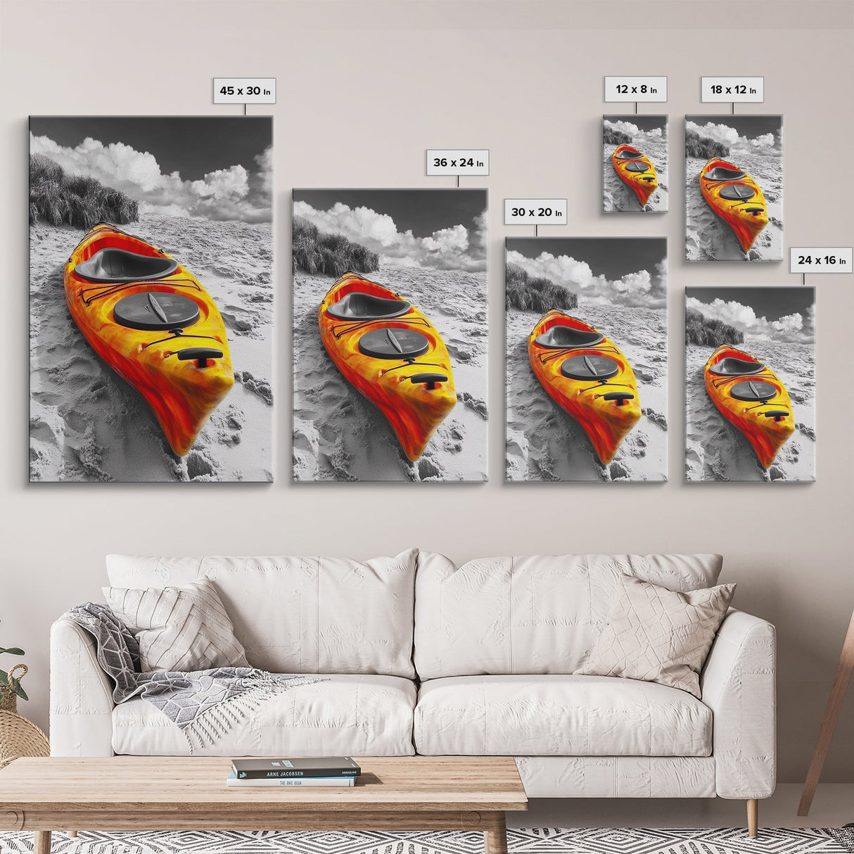 Vibrant Kayak, Sandy Beach, Summer Adventure Vibe, Canvas Print, Coastal Wall Art, Bold Color Photography, Outdoor Lover Gift