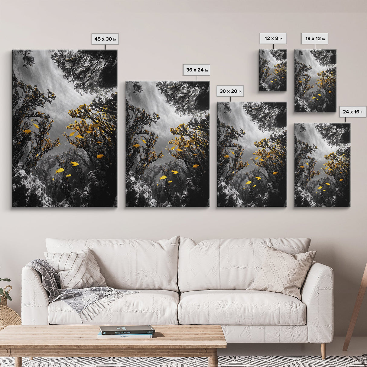 Golden Fish, Kelp Forest, Ethereal Ocean Scene, Framed Canvas Print, Underwater Wall Art, Nature Photography, Bathroom Sea Decor