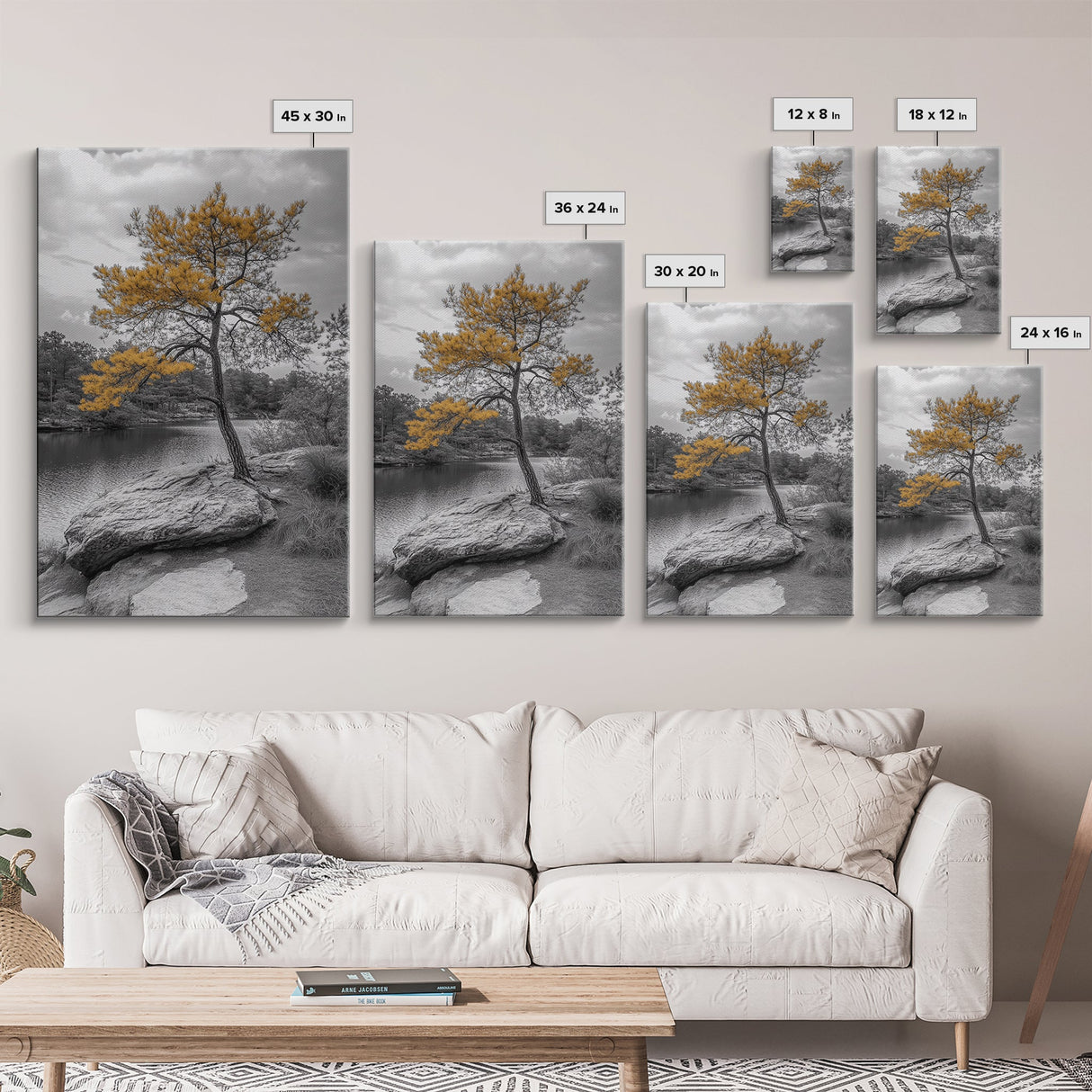 Golden Tree View, Nature Serenity, Fall Lake Art, Peaceful Pine, Framed Canvas Print, living room wall art, minimalist landscape print