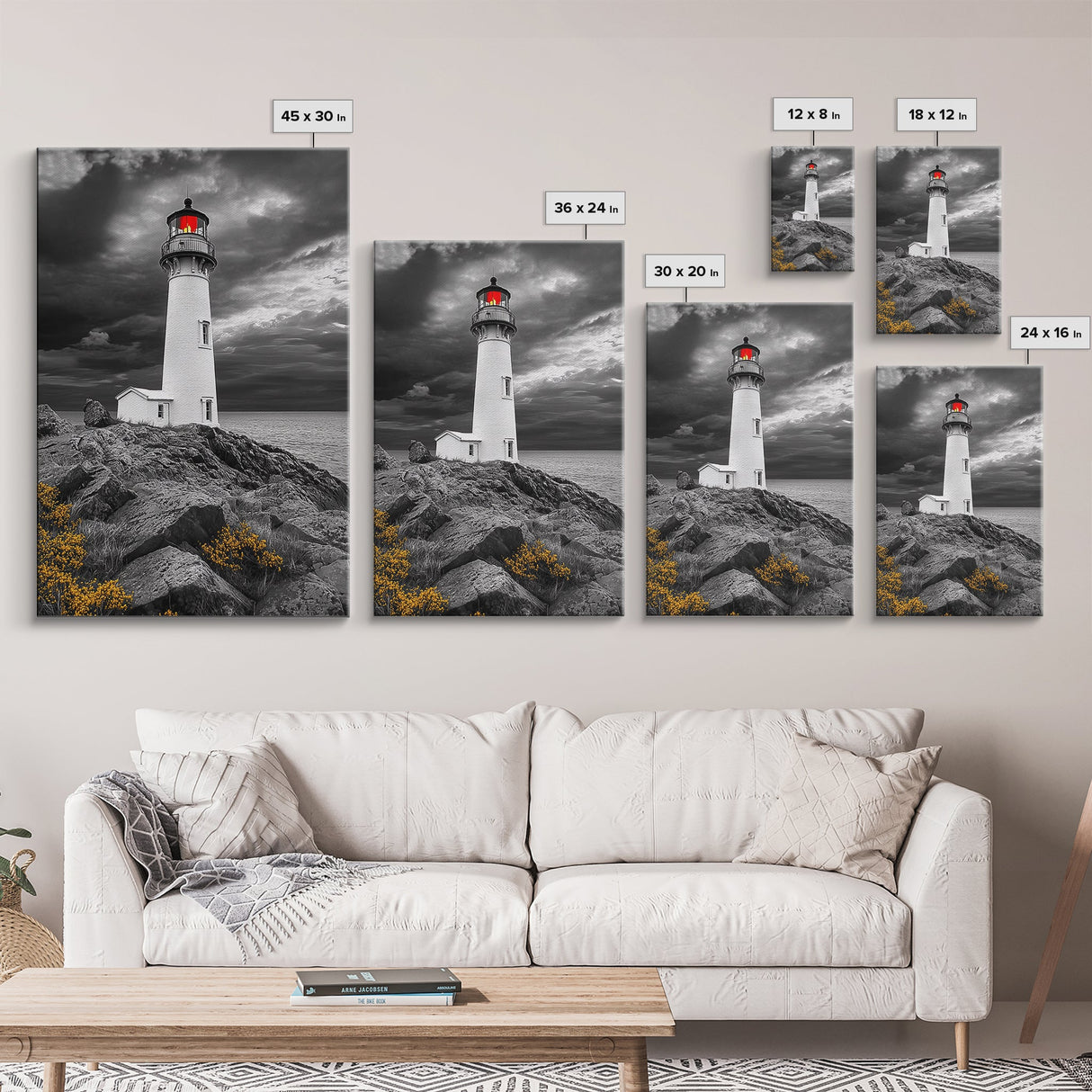 Red Beacon Lighthouse, Rocky Coast Light, Dramatic Storm Sky, Ocean Guide, Framed Canvas Print, nautical office wall art, bold coastal art