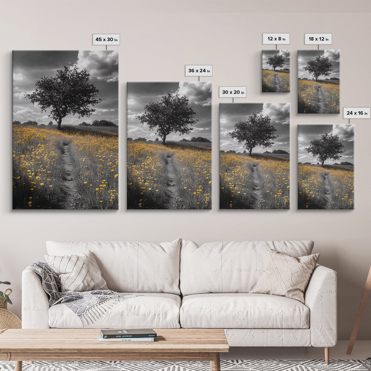 Yellow Meadow, Tree Path, Sunny Flowers, Autumn Framed Canvas Print, Field Landscape Wall Art, Nature Lover Decor, Boho Fall Vibes