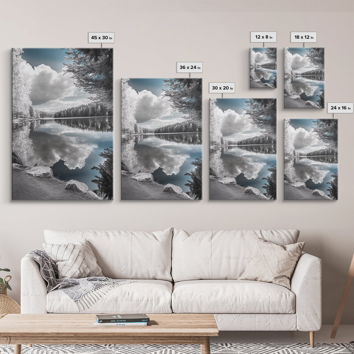 Mountain Lake Clouds, Serene Forest Reflection, Scenic Nature Photography, Framed Canvas Print, Bedroom Tranquility Wall Art