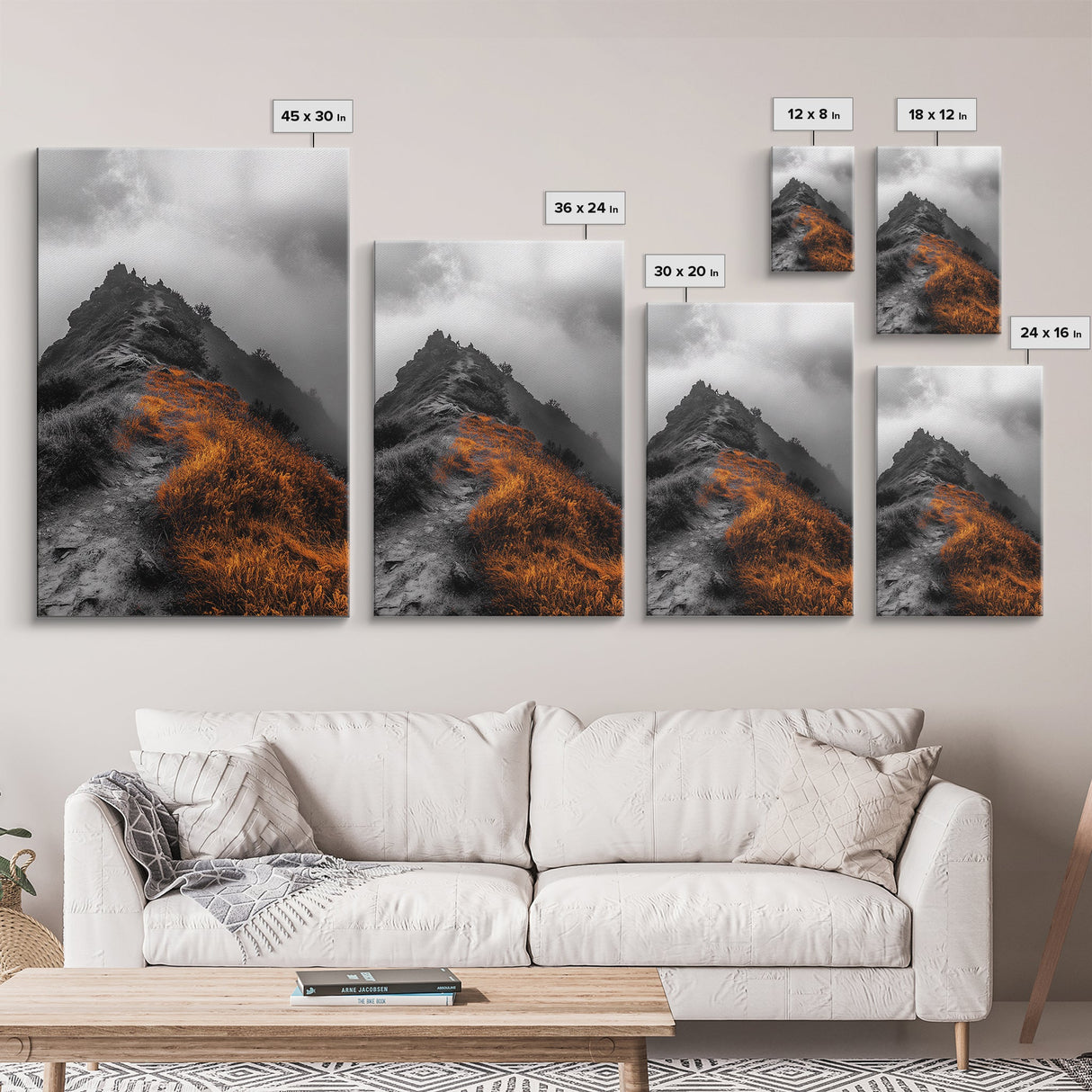 Misty Mountain Hike, Orange Trail Grass, Adventure Explorer Print, Moody Wilderness Scene, Framed Canvas Print, Rustic Cabin Wall Art