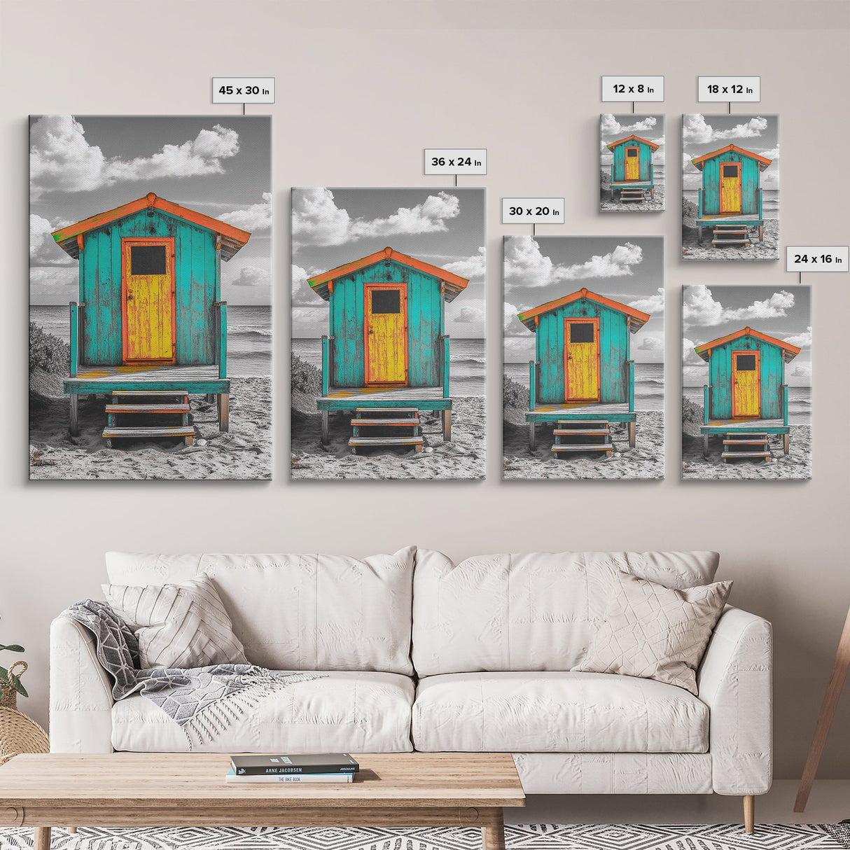 Colorful Beach Hut, Surf Shack, Coastal Cabin, Framed Canvas Print, Tropical Wall Art, Living Room Decor, Bright Summer Home Style