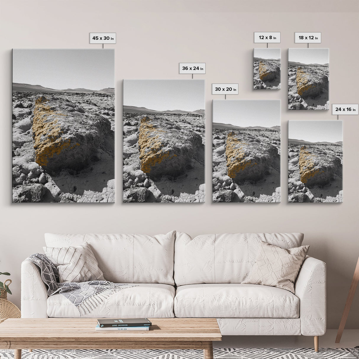 Yellow Lichen Rock, Monochrome Landscape, Desert Texture, Canvas Print, Rustic Wall Art, Minimalist Decor, Entryway or Office Art