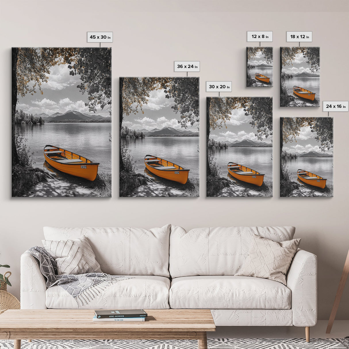 Lake Rowboat, Serene Waters, Mountain Reflection, Framed Canvas Print, Minimalist Nature Art, Living Room Wall Art, Tranquil Landscape