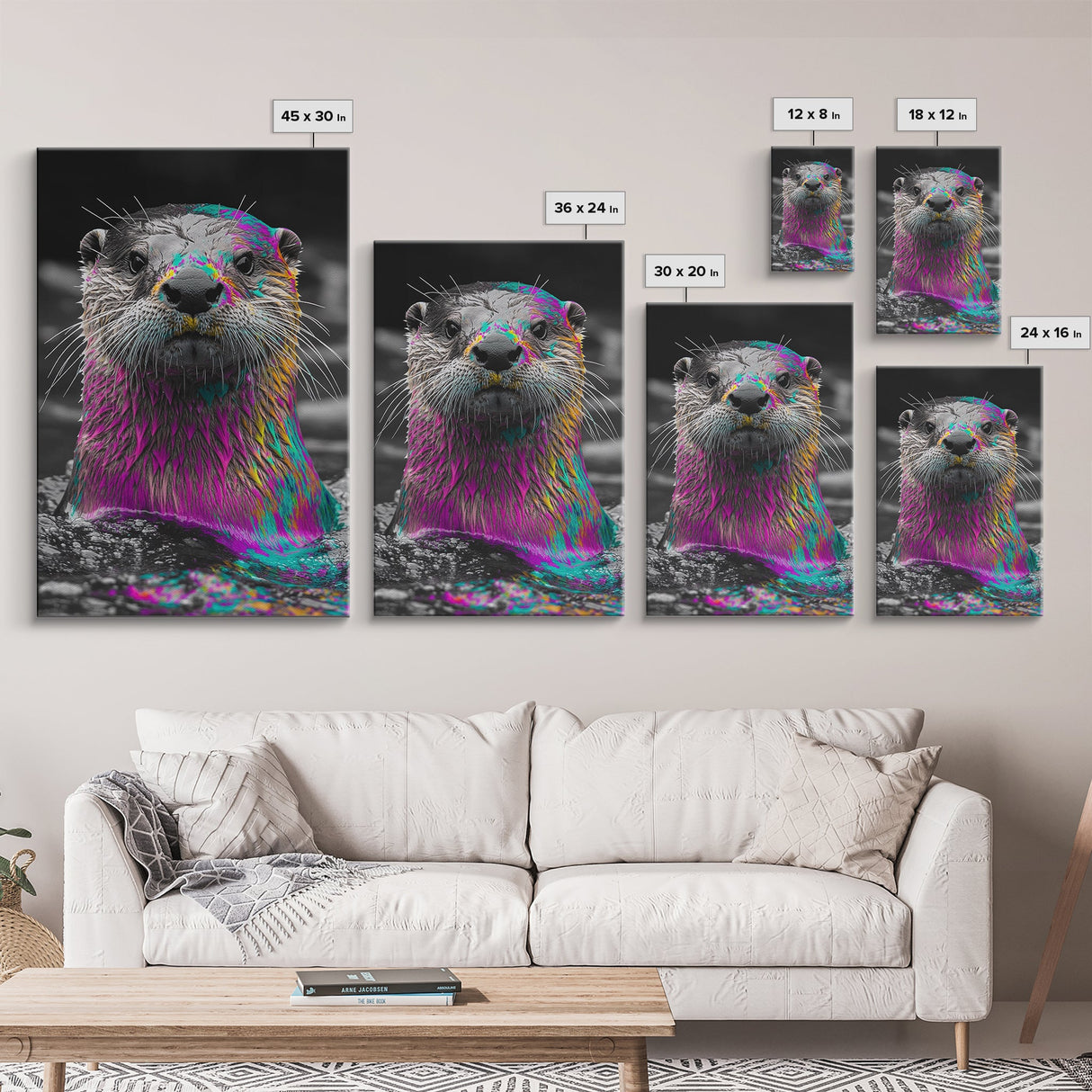 Colorful Otter, Vibrant Animal, Rainbow Fur, Framed Canvas Print, Kids Room Decor, Whimsical Wildlife Art, Playroom Wall Art, Bold Style