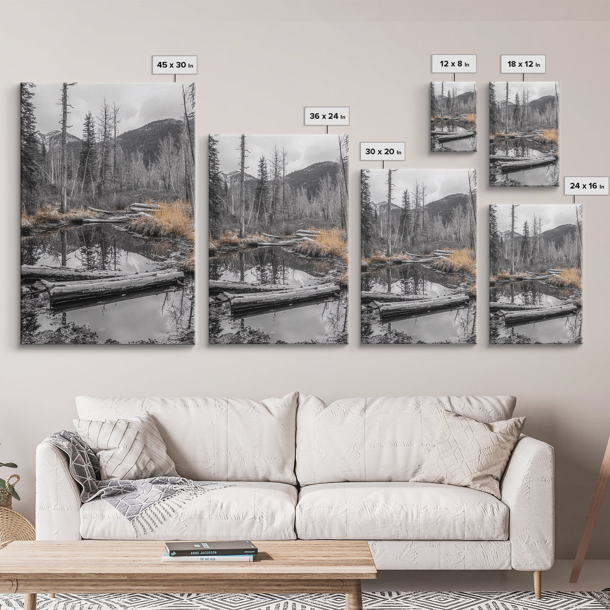 Forest Pond, Moody Woods, Black and White, Autumn Grass, Framed Canvas Print rustic cabin art, nature wall decor, woodland living room art