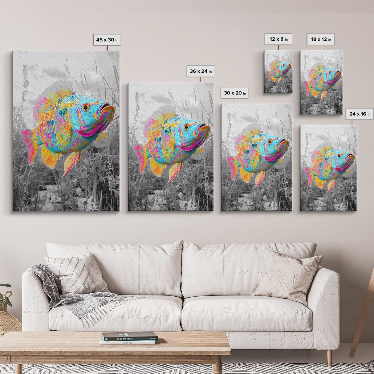 Neon Fish, Color Splash, Bright Animal, Vibrant Water, Framed Canvas Print psychedelic aquatic art, kids room fish wall decor, animal print