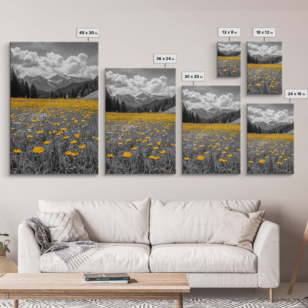 Yellow Wildflowers, Mountain Field, Blooming Meadow, Framed Canvas Print, Nature Photography, Rustic Decor, Dining Room Wall Art