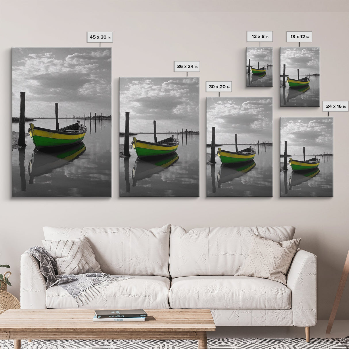 Green Yellow Boat, Serene Reflection, Dockside Calm, Framed Canvas Print, Coastal Bedroom Decor, Minimal Nautical Wall Art