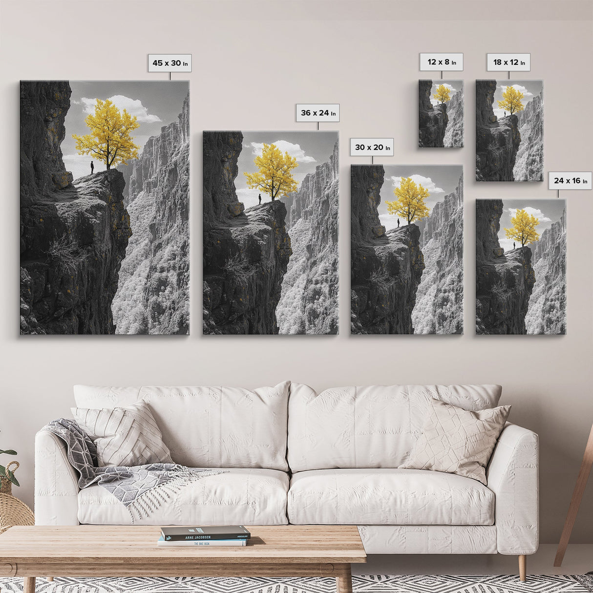 Cliff Tree, Yellow Foliage, Hiker Scene, Framed Canvas Print, Landscape Art, Fall Wall Decor, Adventure Wall Art, Office Statement Piece