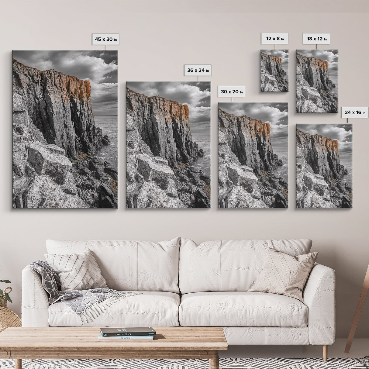 Rugged Cliff Coast, Ocean Rocks, Dramatic Sky, Seaside View, Framed Canvas Print, Coastal Decor, Living Room Wall Art, Earthy Tones