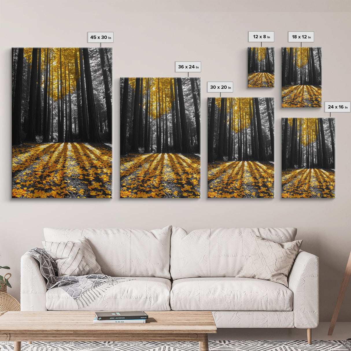 Golden Forest Light, Fall Leaves, Tall Trees Shadows, Tranquil Scene, Framed Canvas Print, Autumn Wall Art, Boho Living Room Decor