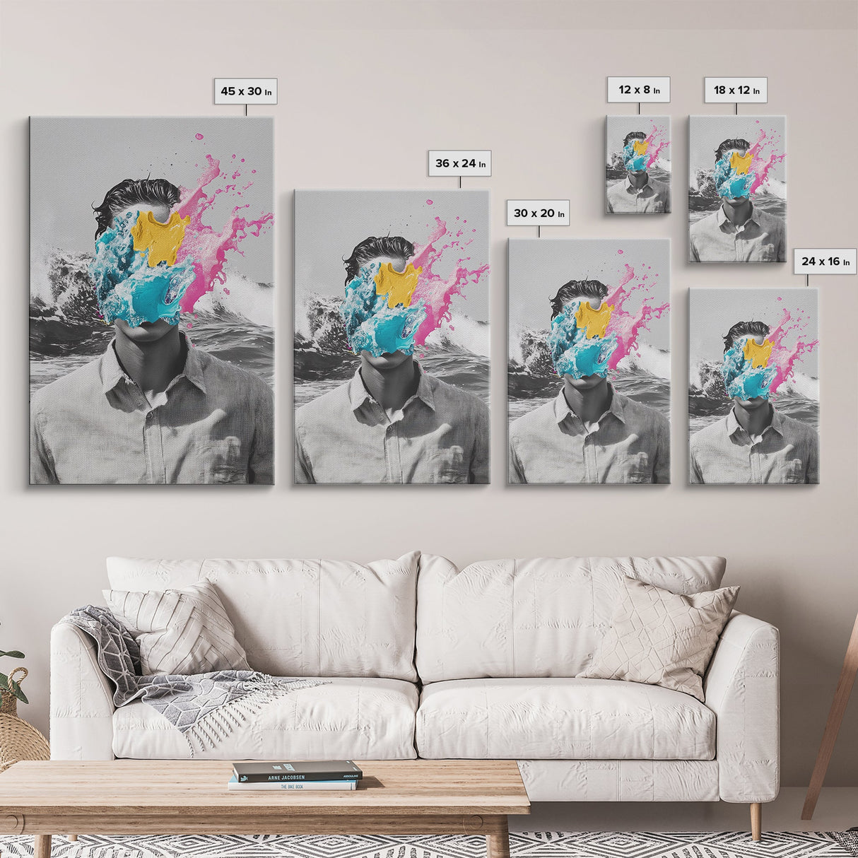 Abstract Portrait, Paint Splash Face, Surreal Ocean Art, Framed Canvas Print, Modern Living Room Art, Pop Surrealism Decor