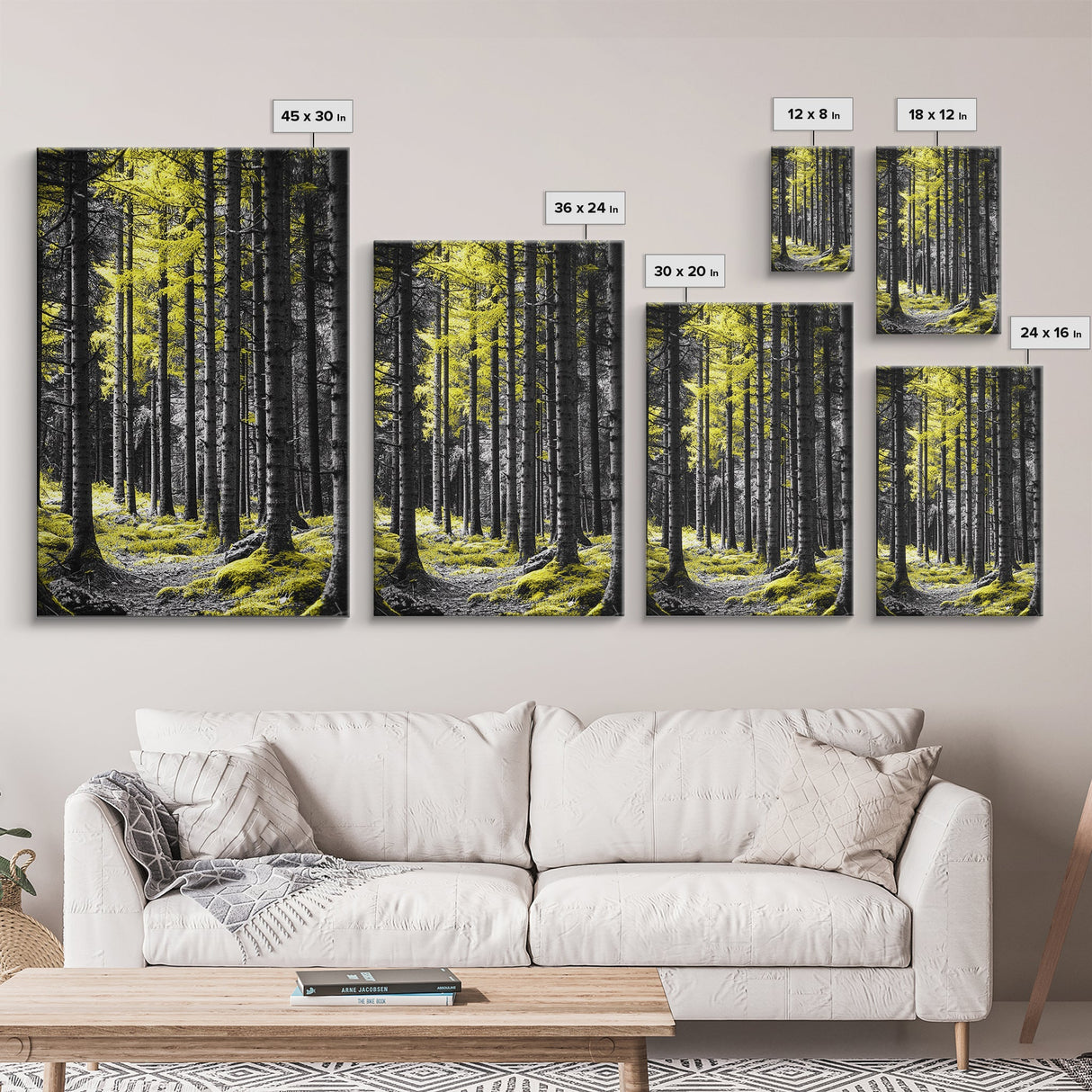 Yellow Forest, Tall Pines, Woodland Scene, Framed Canvas Print, Modern Nature Wall Art, Cabin Living Room Decor, Fall Forest Art