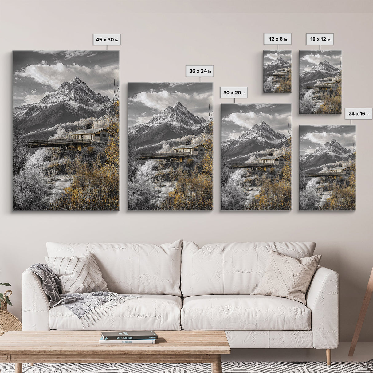 Mountain Escape, Cabin Retreat, Black White Landscape, Framed Canvas Print, Rustic Cabin Art, Bedroom Wall Decor, Nature Lodge Decor