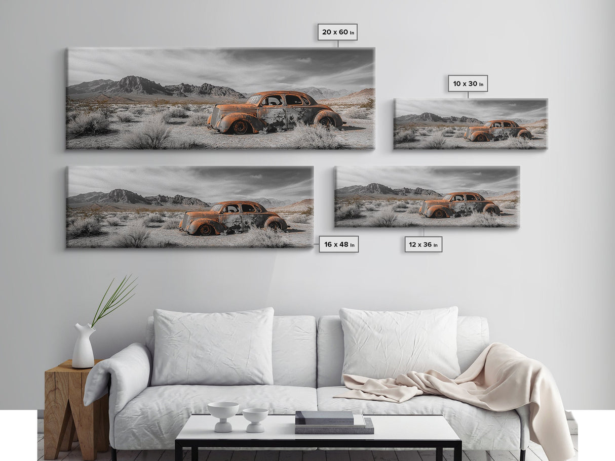 Desert Wreck, Abandoned Car, Moody Landscape, Rusty Vehicle — Framed Canvas Print, Industrial Wall Art, Garage Decor, Western Photography