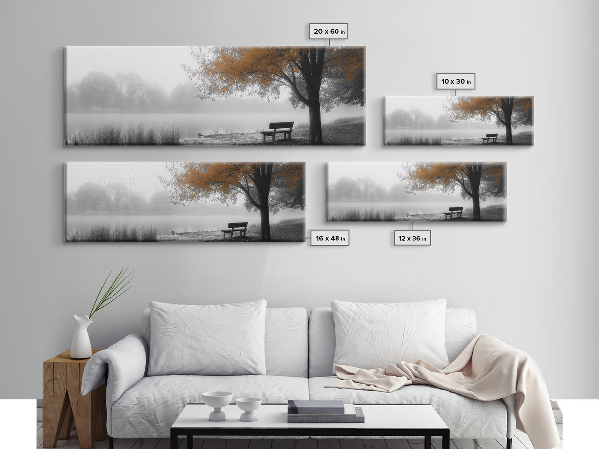Foggy Lake, Autumn Tree, Peaceful Bench, Serene Nature, Framed Canvas Print, Fall Wall Decor, Zen Living Room Art, Bedroom Decor
