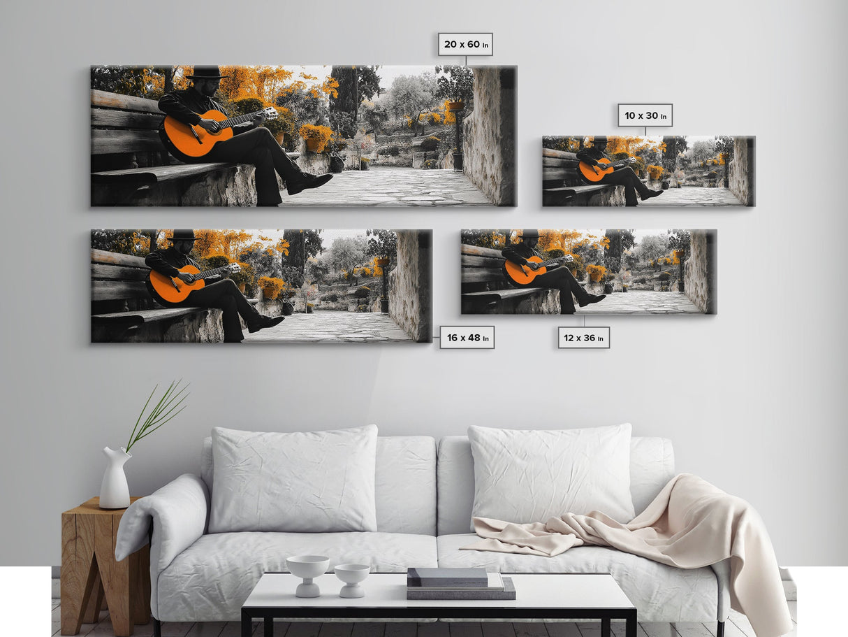 Spanish Guitar, Rustic Music Scene, Autumn Colors, Framed Canvas Print, Fall Wall Art, Living Room Decor, Folk Art, Warm Rustic Charm