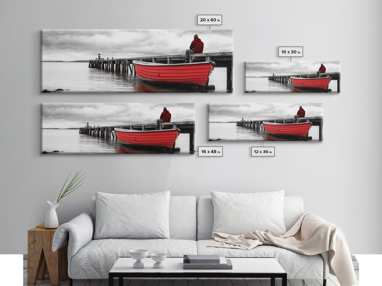 Red Boat Dock, Lonely Harbor View, Seaside Silence, Framed Canvas Print, Nautical Wall Art, Beach House Decor, Moody Coastal Vibes