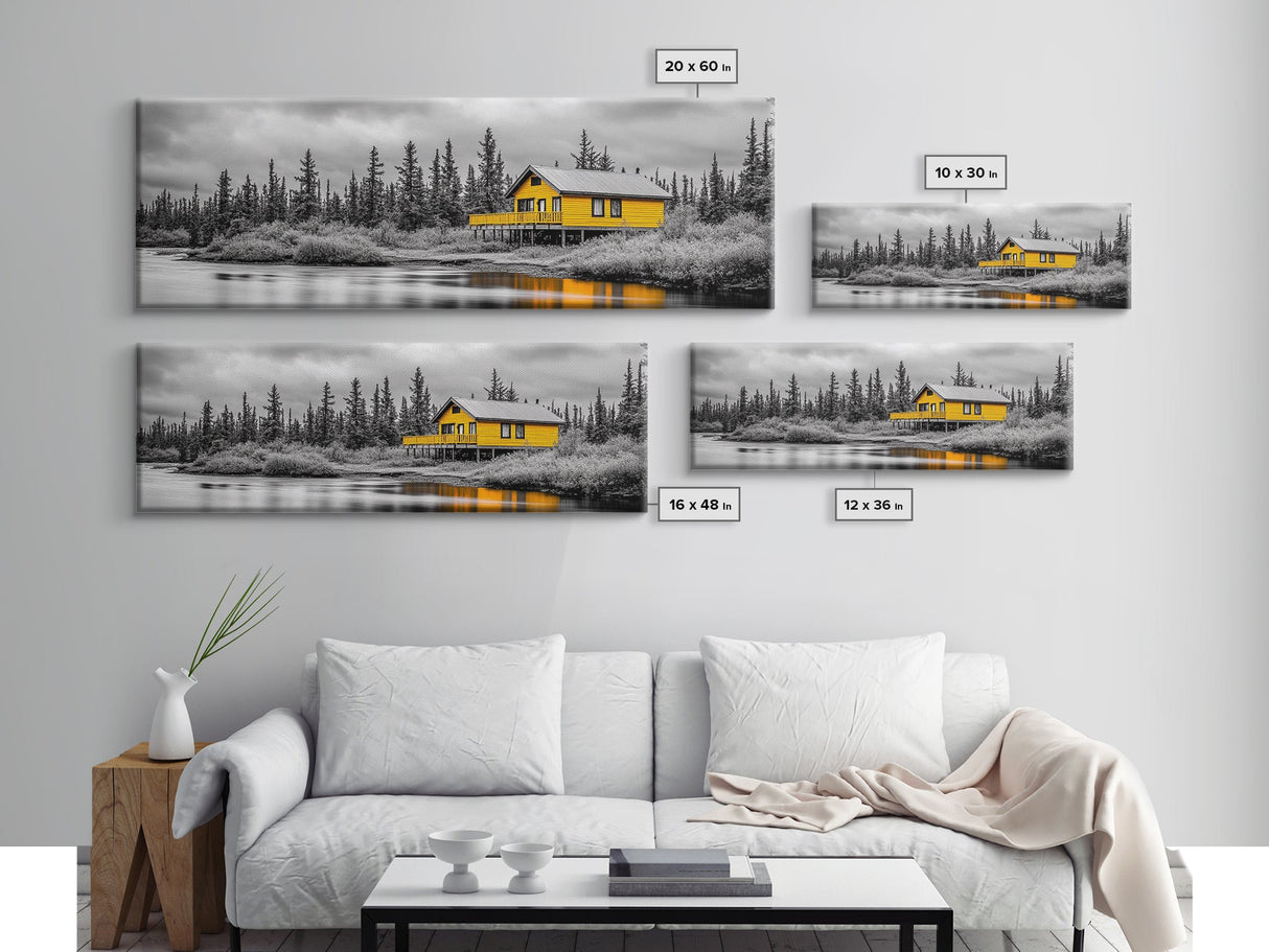 Yellow Cabin, Forest River View, Wilderness Retreat, Framed Canvas Print, Rustic Wall Art, Lodge Decor, Cozy Nature Landscape Style