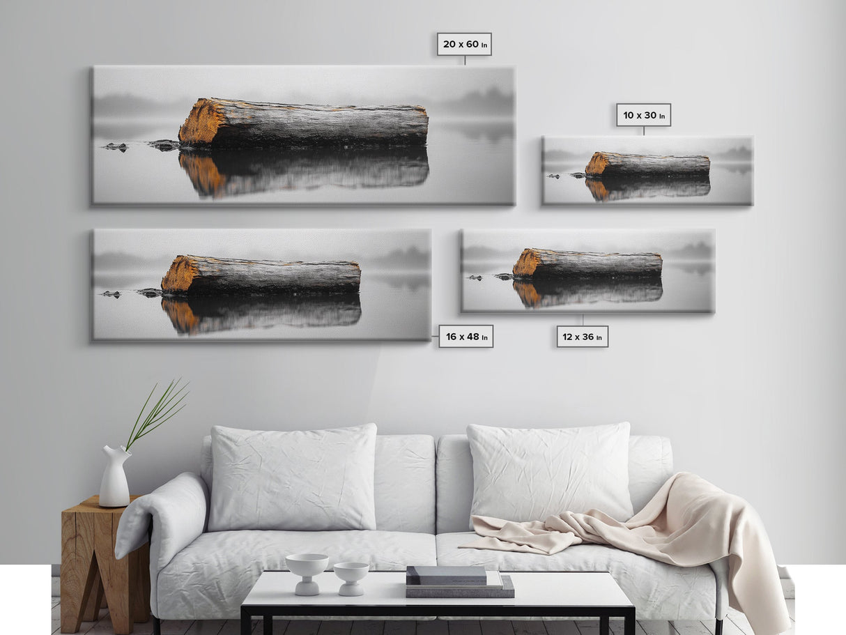 Weathered Log Reflection, Calm Lake Scene, Canvas Print, Minimalist Nature Photography, Zen Bathroom Wall Art, Serene Rustic Decor