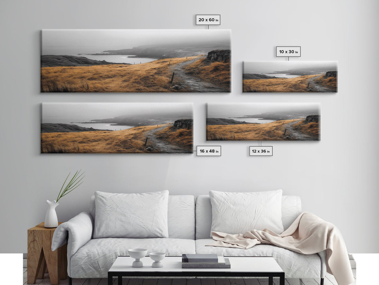 Coastal Cliff Path, Golden Grasses by Sea, Canvas Print, Autumn Hiking Scene, Misty Nature Wall Art, Hallway Landscape Photography