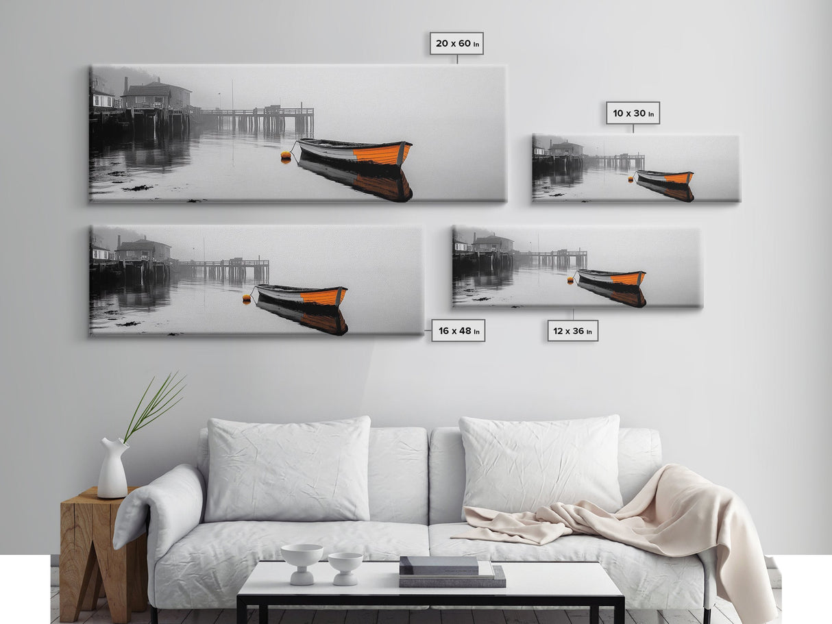 Harbor Rowboat Reflection, Foggy Dock Scene, Framed Canvas Print, Coastal Minimalist Wall Art, Seaside Entryway Decor, Moody Ocean Art