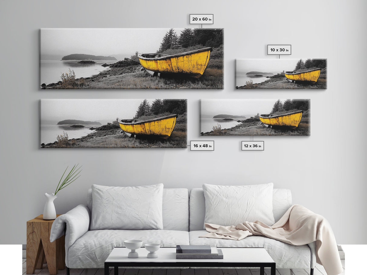 Yellow Rowboat Scene, Misty Coastal Landscape, Abandoned Boat Art, Framed Canvas Print, Rustic Nautical, Office Wall Art