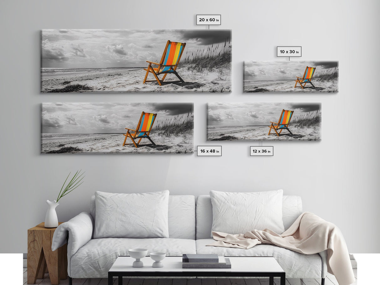 Beach Chair, Coastal Solitude, Striped Fabric, Seaside Calm, Framed Canvas Print, Minimalist Wall Art, Beach House Decor