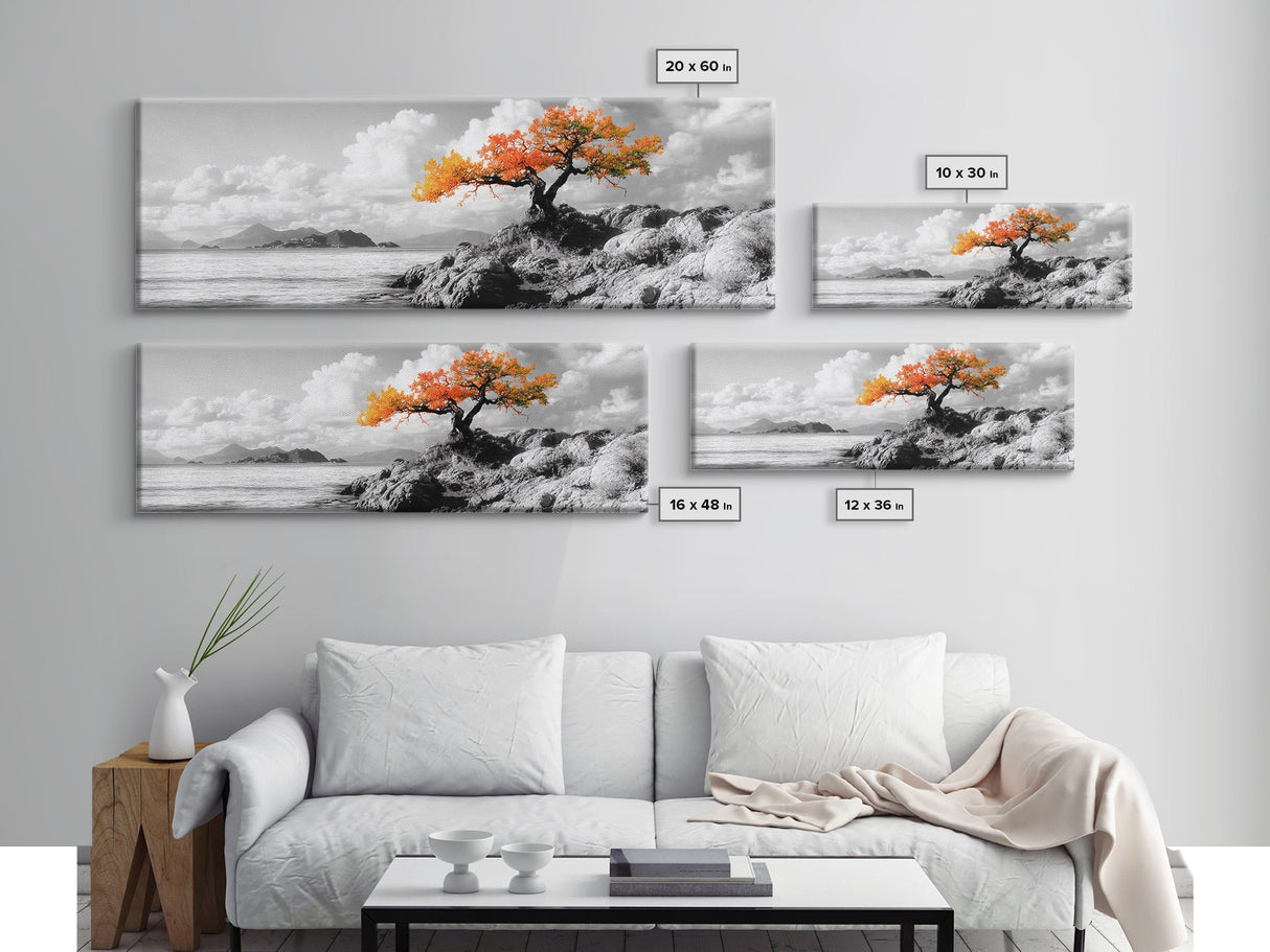 Autumn Tree, Coastal Cliff, Ocean Horizon, Framed Canvas Print, Autumn decor, rustic wall art, minimalist nature, neutral tones