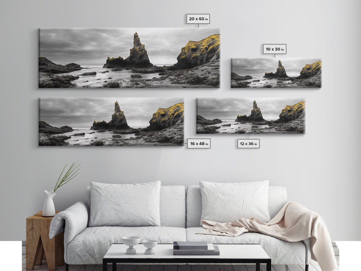 Sea Stacks, Rocky Shore, Golden Moss, Framed Canvas Print, coastal wall art, moody ocean print, beach house decor, nature photography