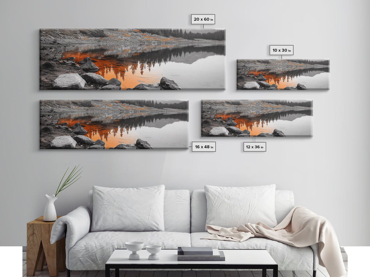 Orange Reflection Lake, Rocky Shoreline, Autumn Forest View, Canvas Print, Nature Photography, Rustic Wall Art, Cabin Living Room Decor