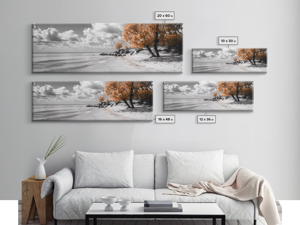 Sandy Beach Trees, Golden Autumn Coastline, Cloudy Sky Horizon, Canvas Print, Nature Coastal Art, Bathroom Wall Decor, Boho Fall Aesthetic